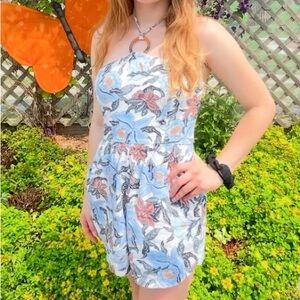 Old Navy Blue & White Floral Strapless Romper with Brown Leaf Accents